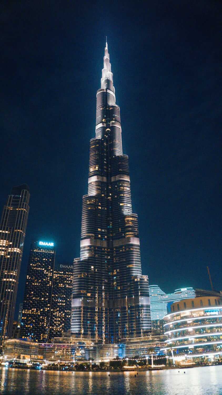 A night view of Burj Khalifa in Dubai